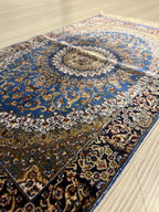 2x3 ft Blue Medallion Modal Silk Rug, Turkish Accent Rug, Floral Entryway Carpet