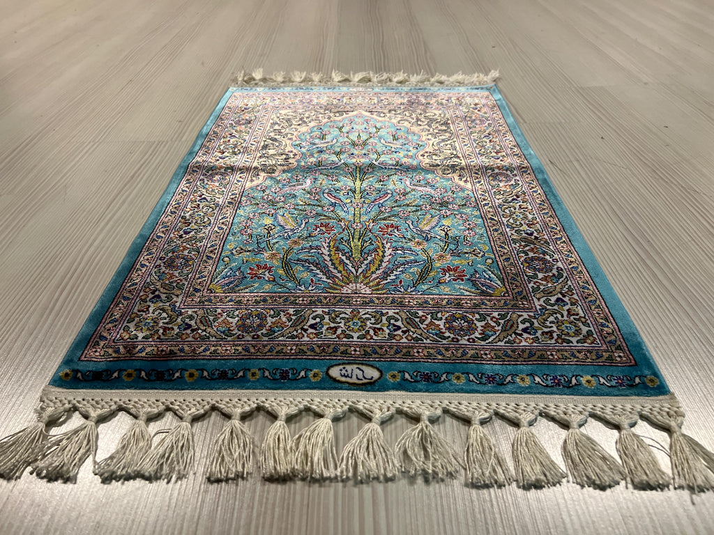 2x3 ft Turquoise Tree of Life Rug, Modal Silk Rug, Turkish Wall Decor