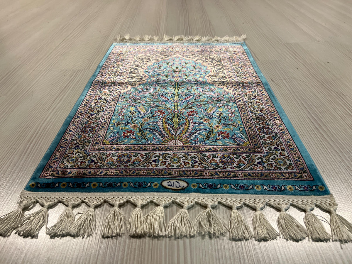 2x3 ft Turquoise Tree of Life Rug, Modal Silk Rug, Turkish Wall Decor