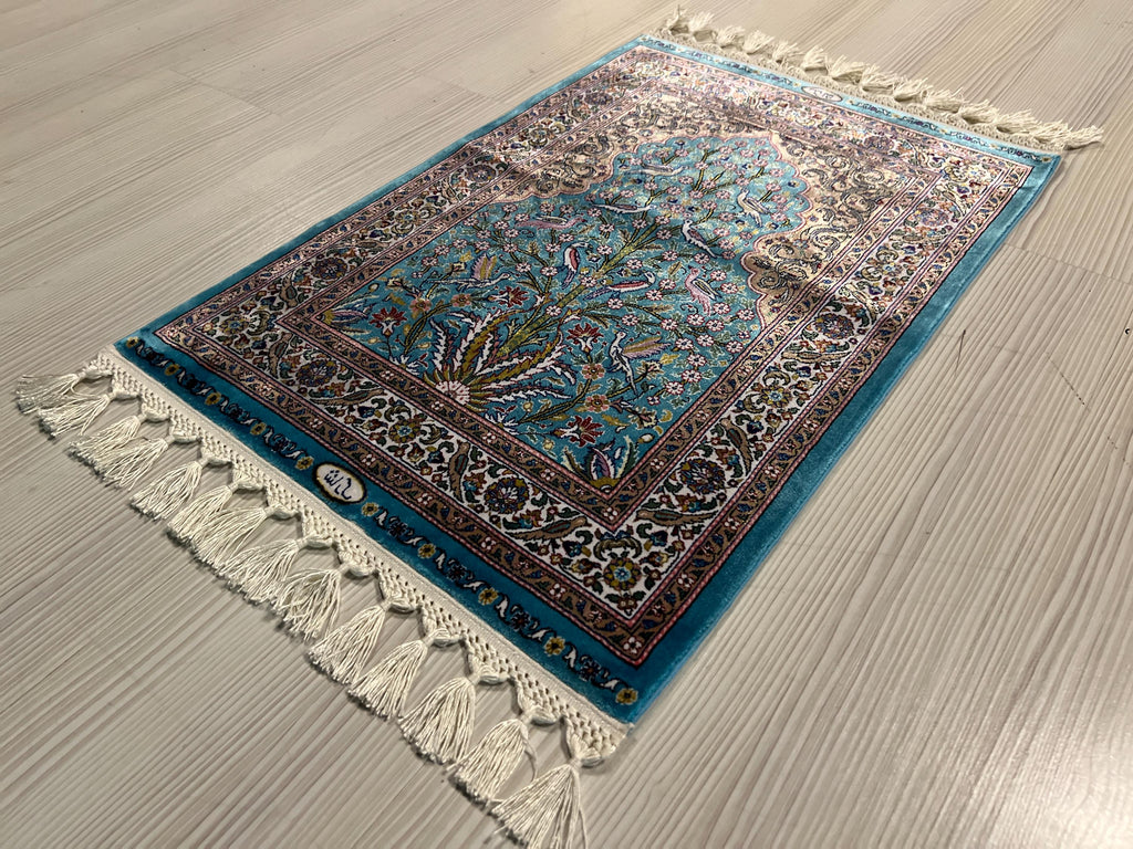 2x3 ft Turquoise Tree of Life Rug, Modal Silk Rug, Turkish Wall Decor
