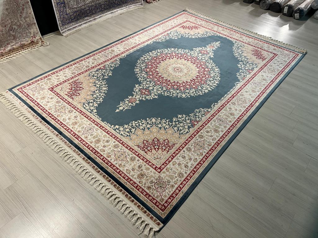 Blue Modal Silk Rug 7x10, Oriental Medallion Design, Luxury Living Room Rug