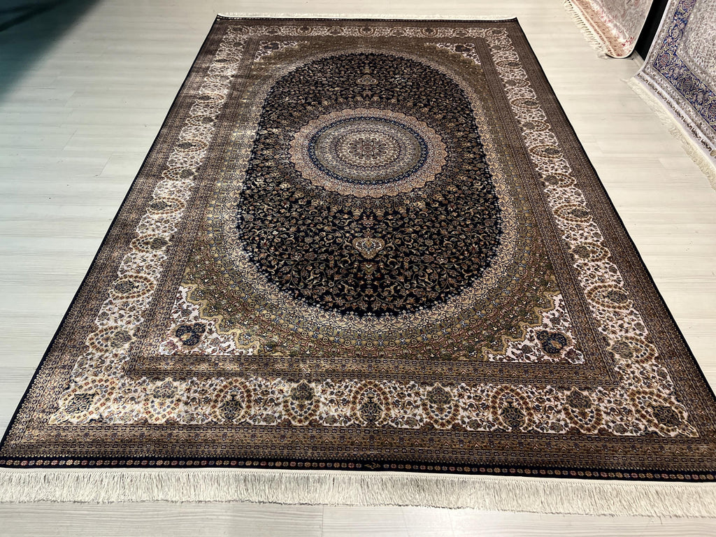 8x11 ft Navy Medallion Modal Silk Rug, Turkish Area Rug, Luxury Floral Carpet
