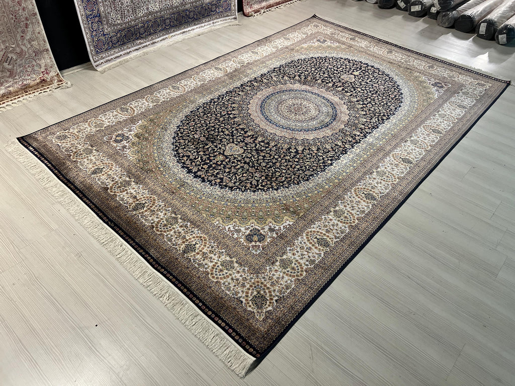 8x11 ft Navy Medallion Modal Silk Rug, Turkish Area Rug, Luxury Floral Carpet
