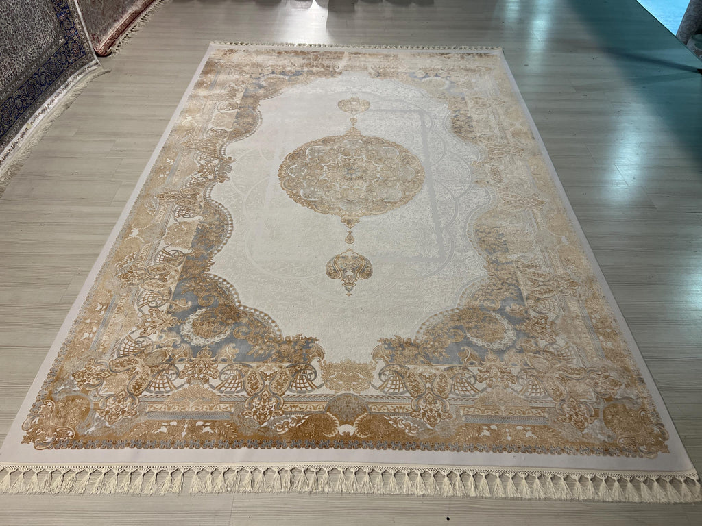 7x10 Beige Gold Medallion Modal Silk Rug, Classic Oriental Area Rug for Living Room