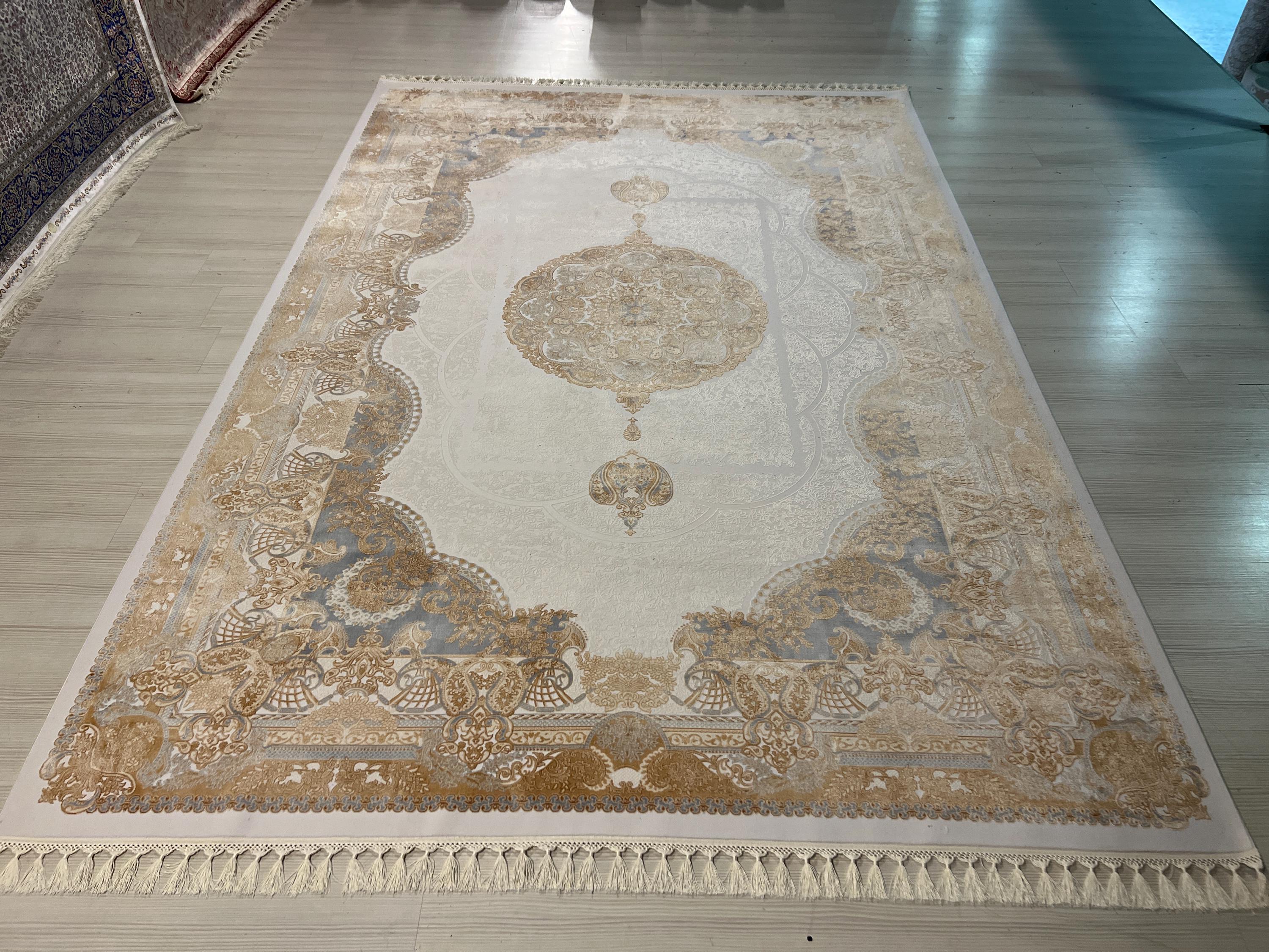 7x10 Beige Gold Medallion Modal Silk Rug, Classic Oriental Area Rug for Living Room