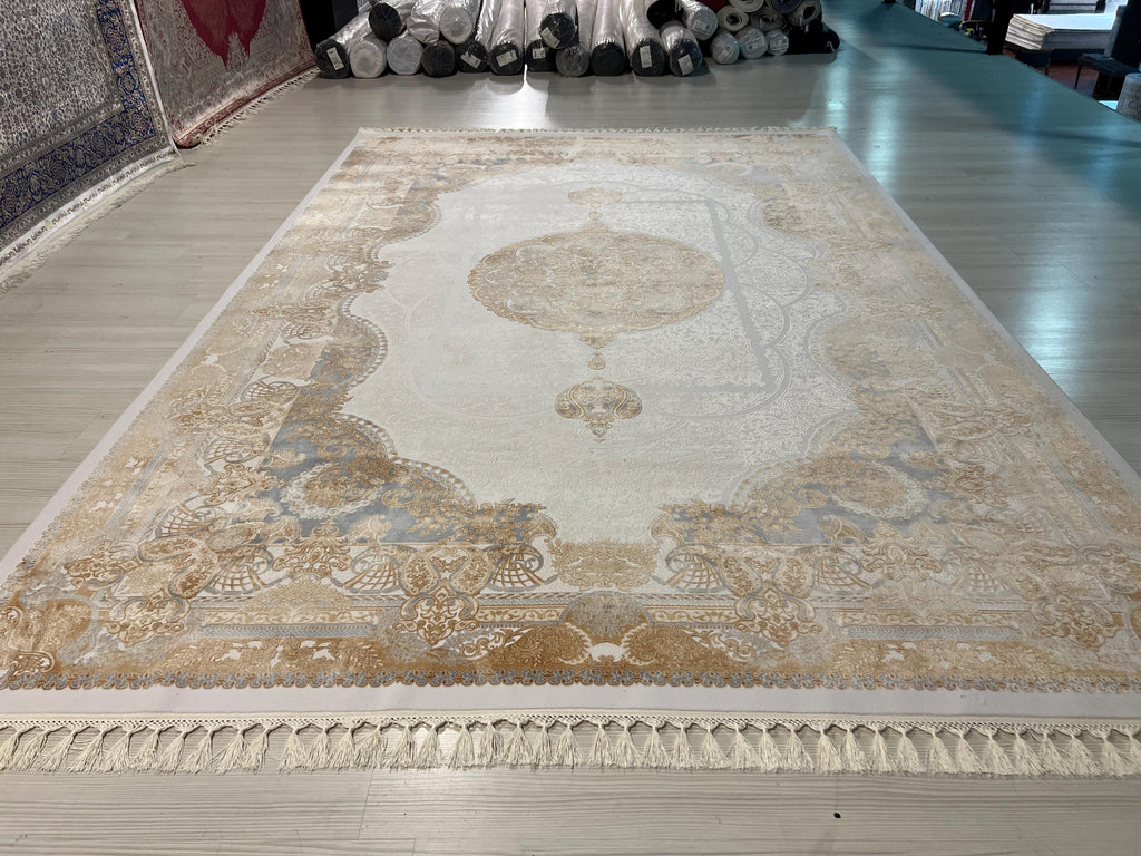 7x10 Beige Gold Medallion Modal Silk Rug, Classic Oriental Area Rug for Living Room