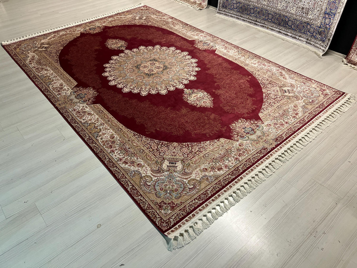 10x13 ft Turkish Modal Silk Rug , Burgundy Medallion Classic Luxury Area Rug
