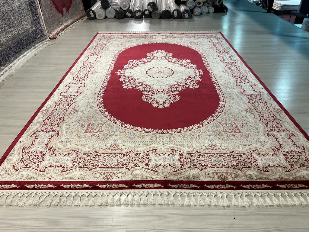 7x10 ft Gold Red Silk Rug, Medallion Turkish Style Modern Home Decor