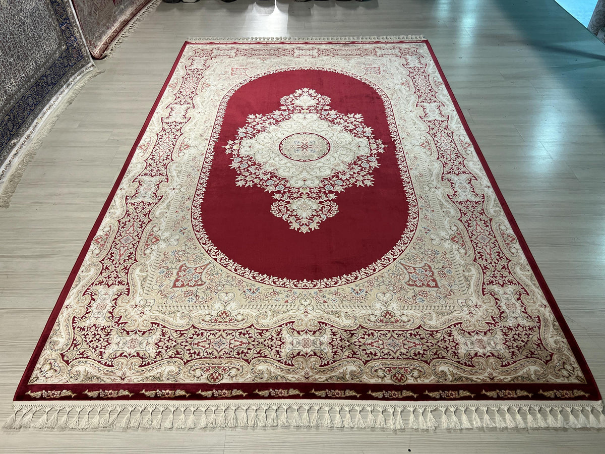 7x10 ft Gold Red Silk Rug, Medallion Turkish Style Modern Home Decor