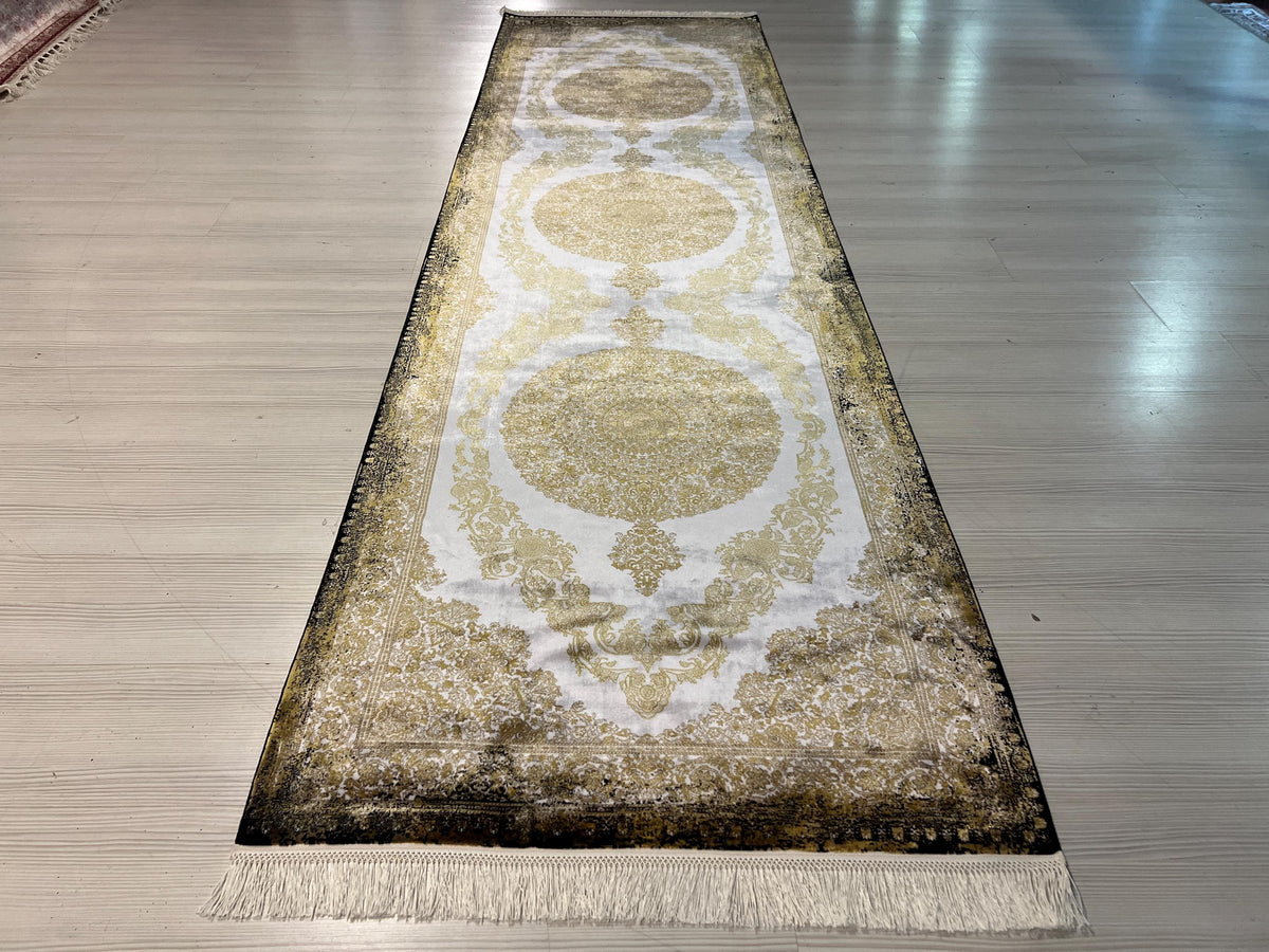 3x10 ft Gold Medallion Runner Rug, Turkish Style Hallway Carpet