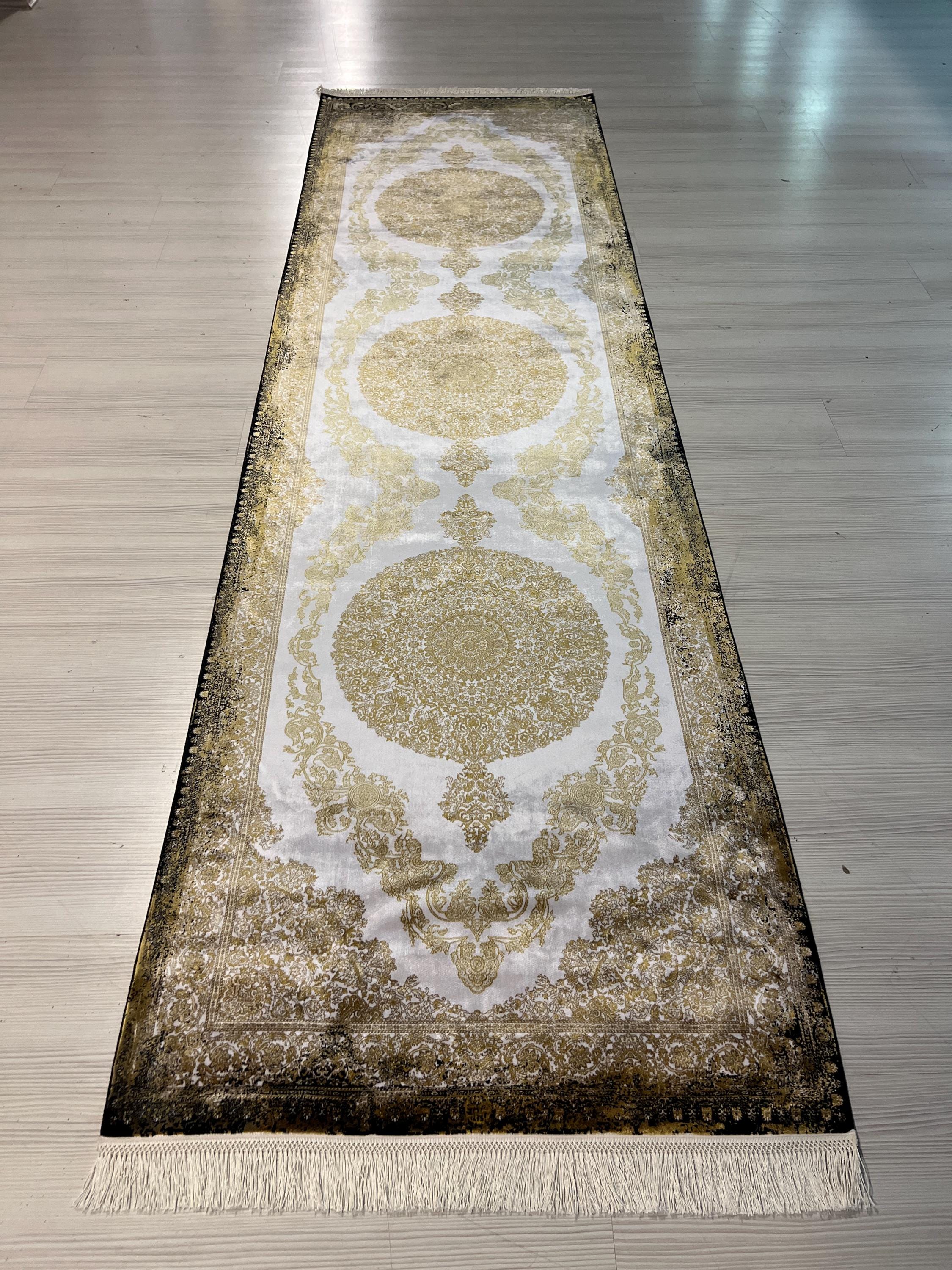 3x10 ft Gold Medallion Runner Rug, Turkish Style Hallway Carpet