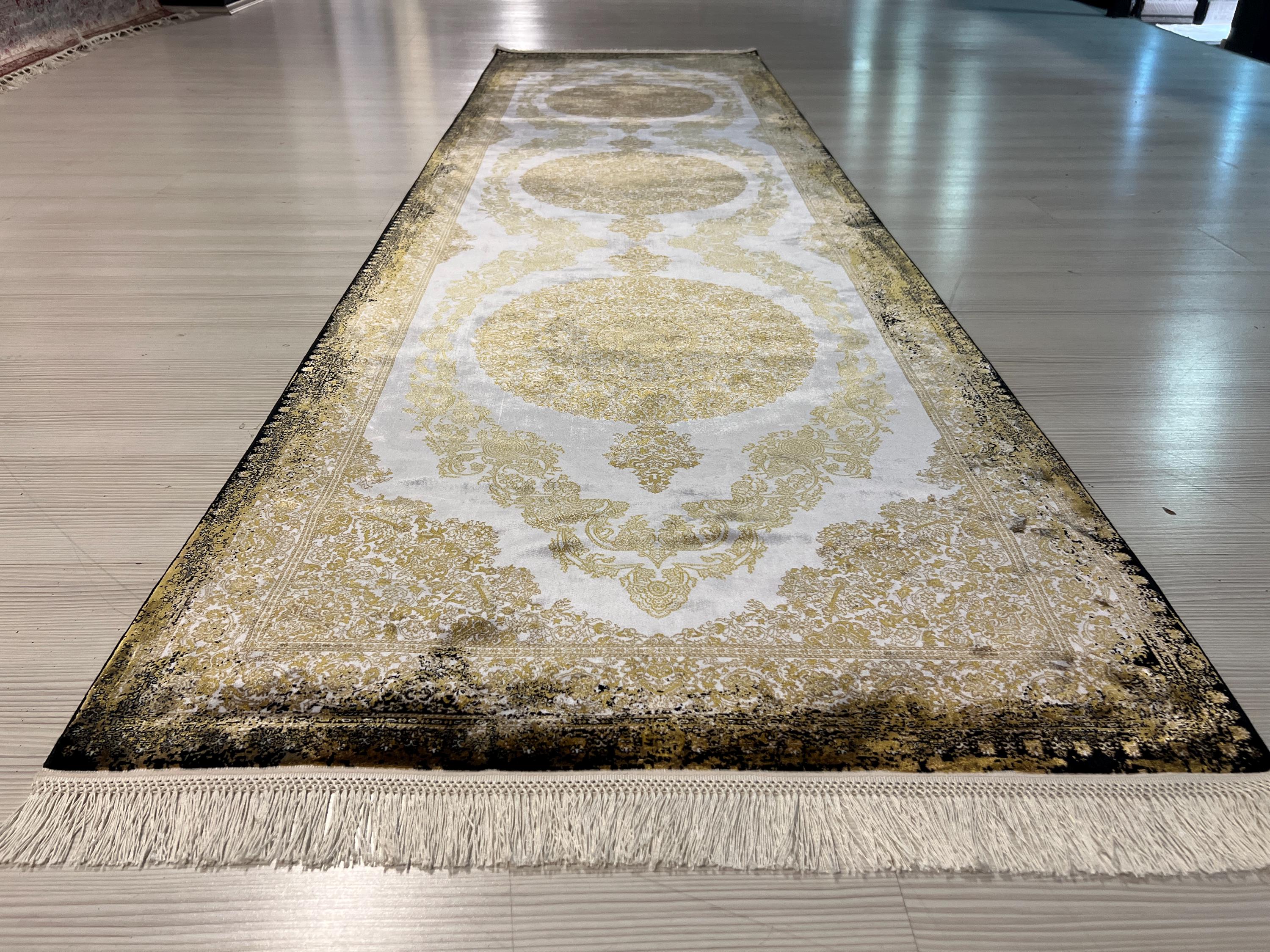 3x10 ft Gold Medallion Runner Rug, Turkish Style Hallway Carpet