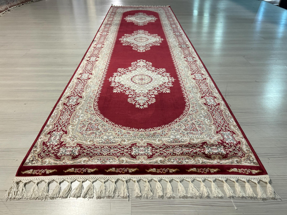 3x10 ft Red Bamboo Silk Runner Rug, Medallion Floral Pattern, Turkish Hallway Decor
