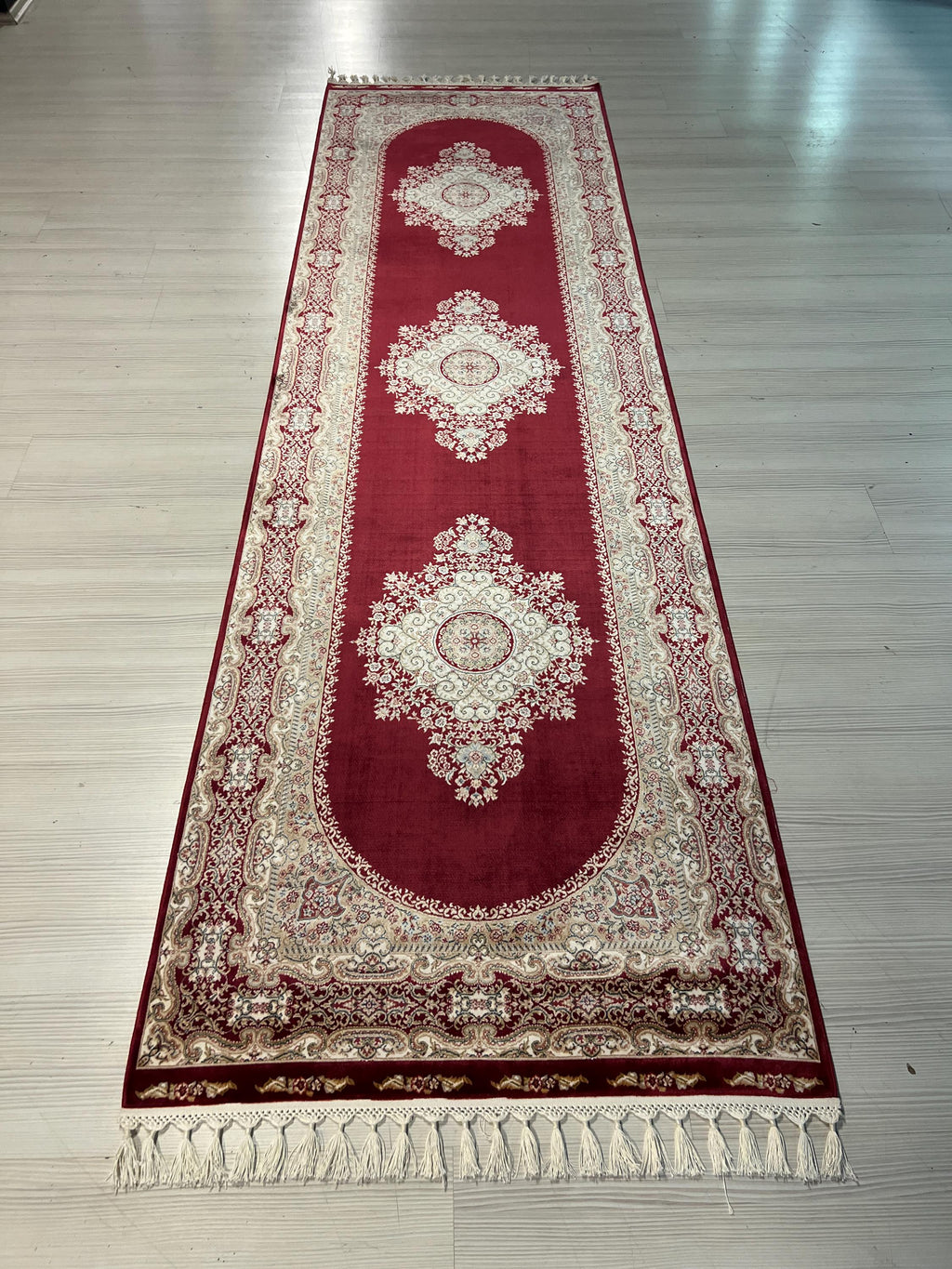3x10 ft Red Bamboo Silk Runner Rug, Medallion Floral Pattern, Turkish Hallway Decor