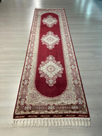 3x10 ft Red Bamboo Silk Runner Rug, Medallion Floral Pattern, Turkish Hallway Decor