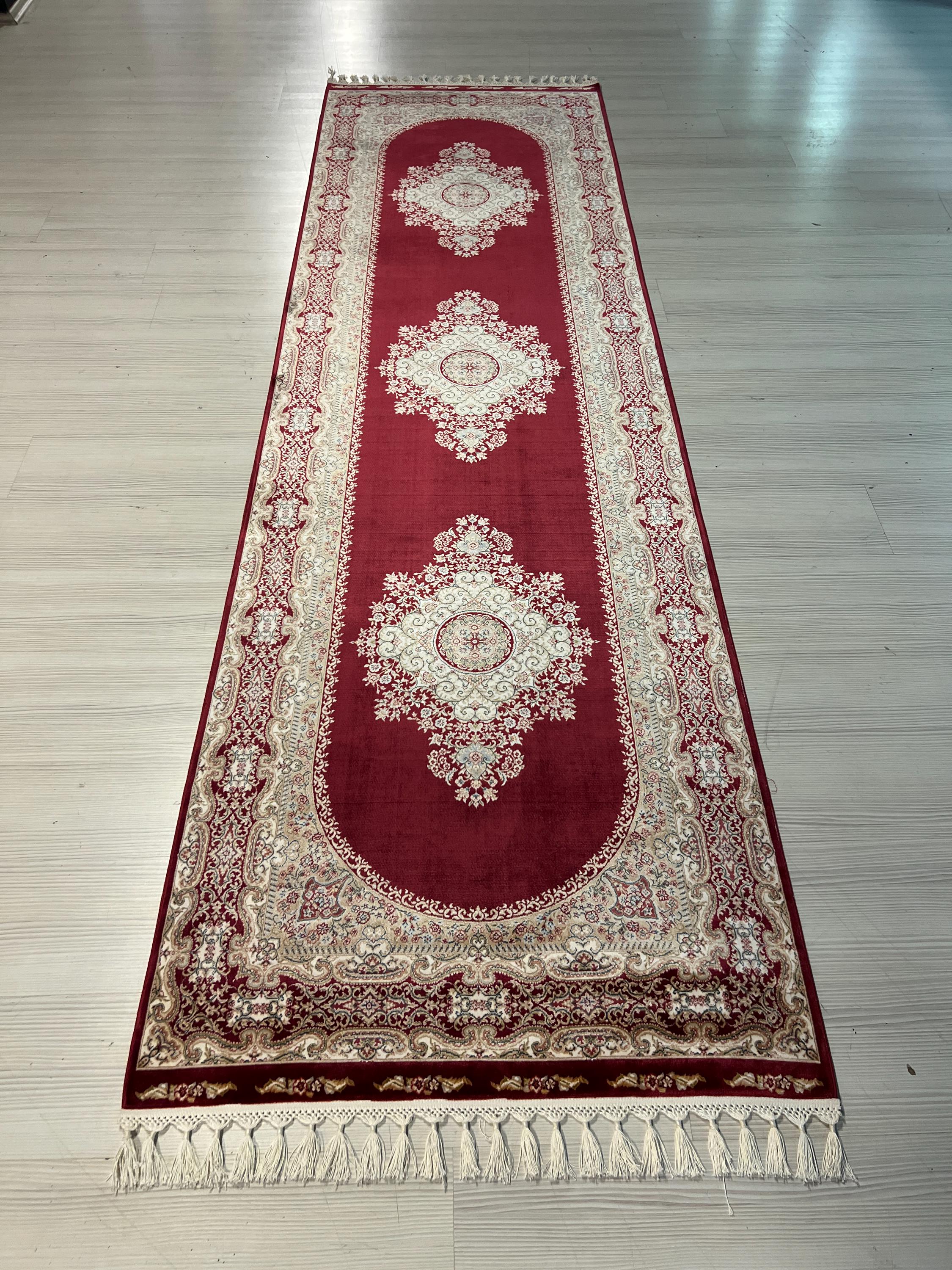 3x10 ft Red Bamboo Silk Runner Rug, Medallion Floral Pattern, Turkish Hallway Decor