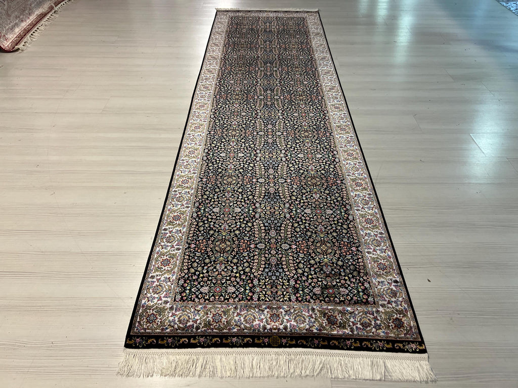 3x10 ft Floral Runner Rug, Black Garden Field, Ivory Border, Turkish Hallway Decor
