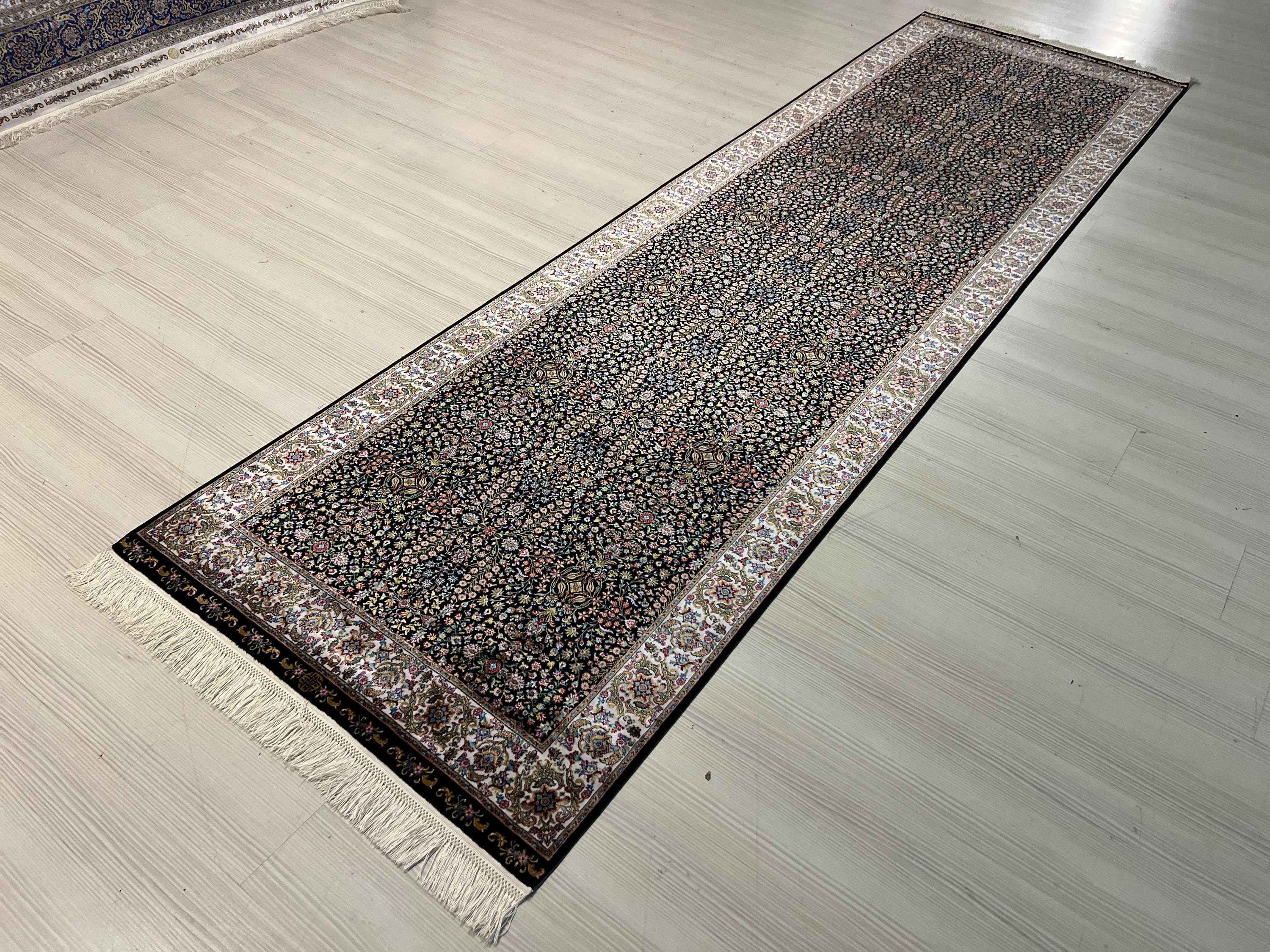 3x10 ft Floral Runner Rug, Black Garden Field, Ivory Border, Turkish Hallway Decor