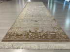 3x10 ft Modal Silk Beige Floral Runner, Turkish Style Hallway Rug