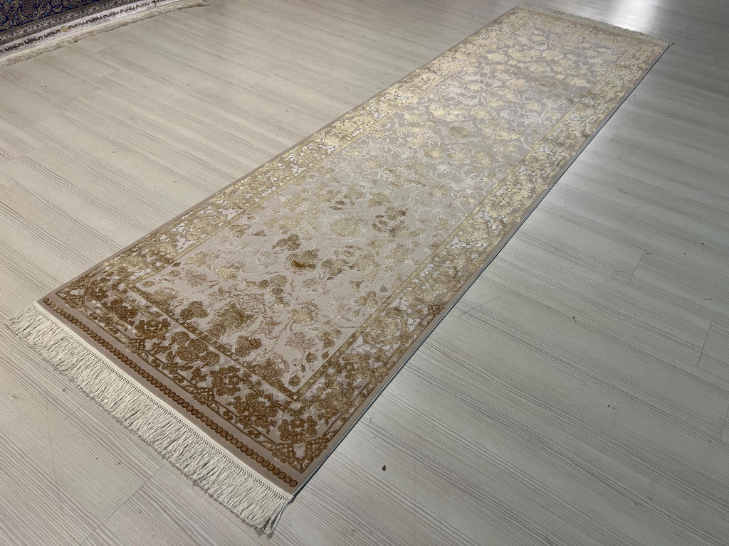 3x10 ft Modal Silk Beige Floral Runner, Turkish Style Hallway Rug