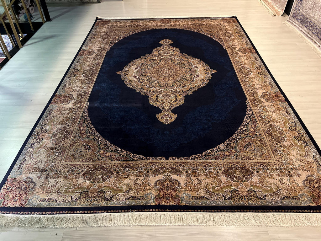 8x11 Modal Silk Medallion Rug in Gold Blue, Classic Oriental Area Rug