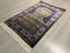 Gold Silk Prayer Rug, Elegant Floral Mihrab Accent Rug for Home Decor