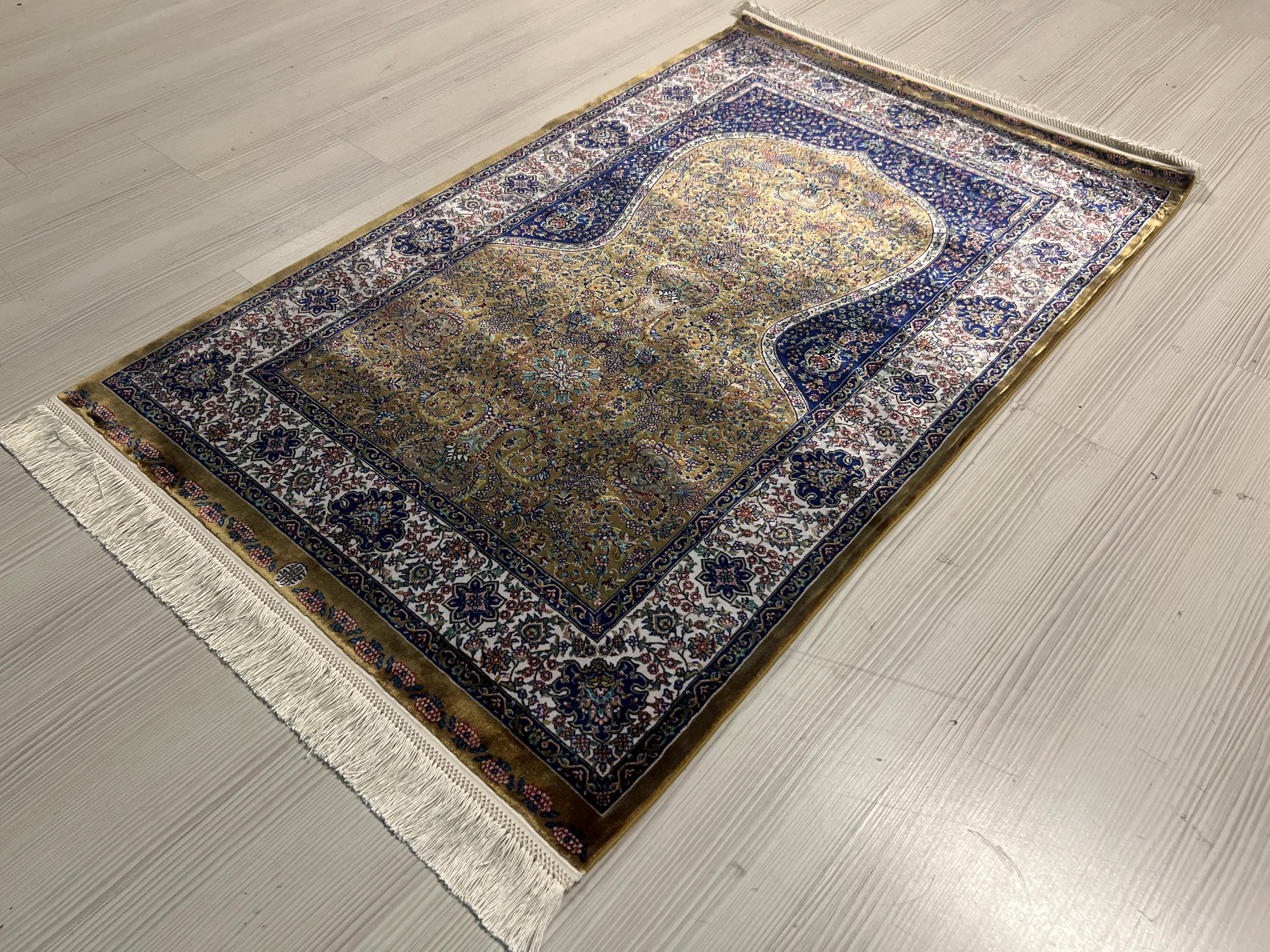 Gold Silk Prayer Rug, Elegant Floral Mihrab Accent Rug for Home Decor