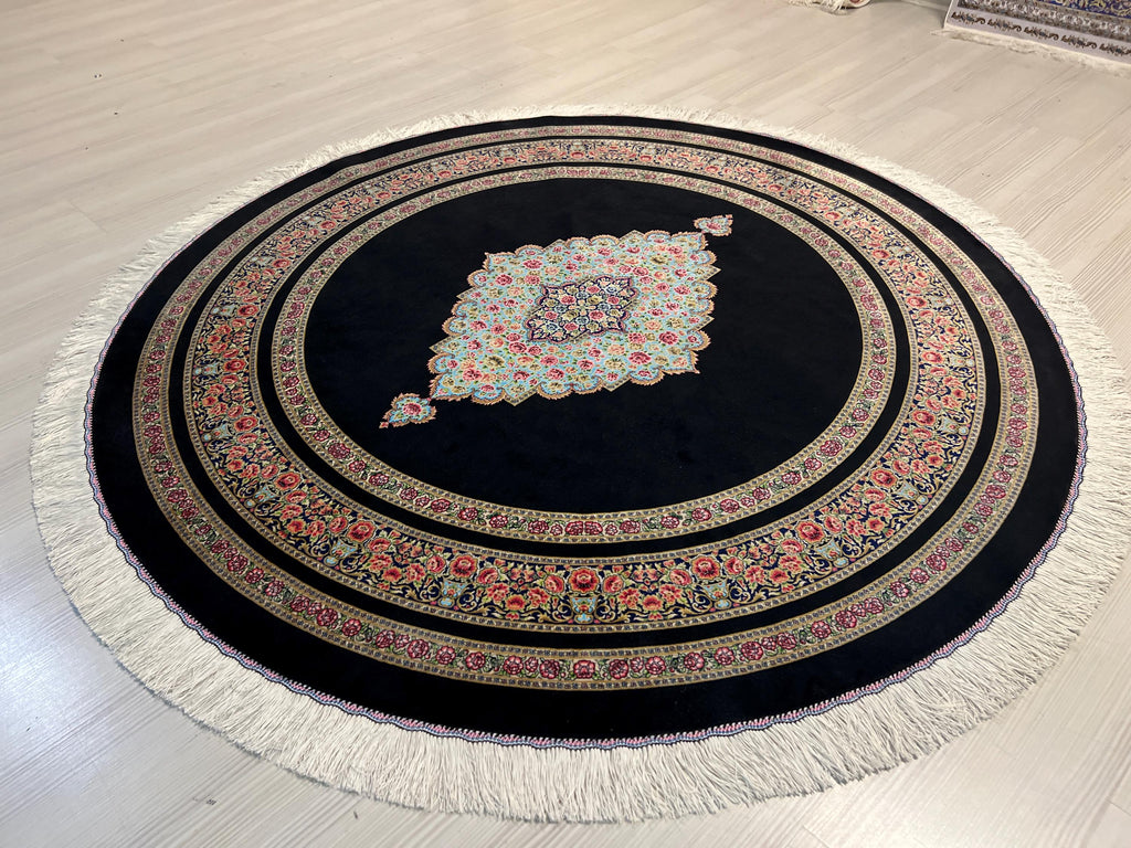 5x5 ft Round Modal Silk Rug, Black Medallion Design Circle Silk Carpet