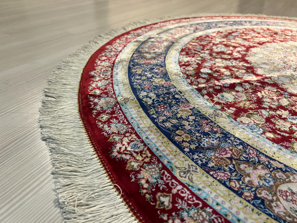 5x5 ft Red Silk Round Rug, Floral Patternd, Turkish Circle Area Rug