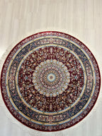 5x5 ft Red Silk Round Rug, Floral Patternd, Turkish Circle Area Rug