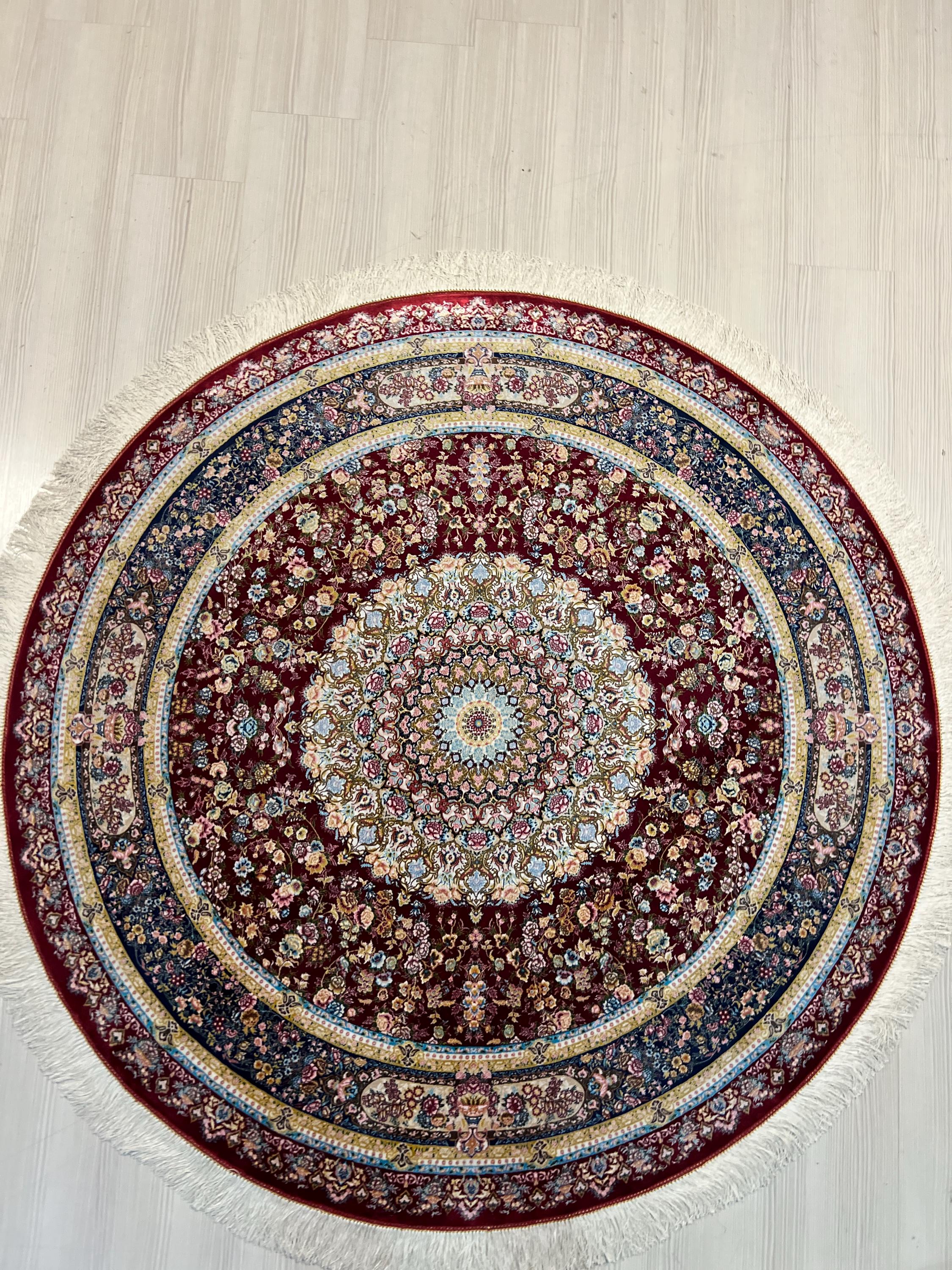 5x5 ft Red Silk Round Rug, Floral Patternd, Turkish Circle Area Rug