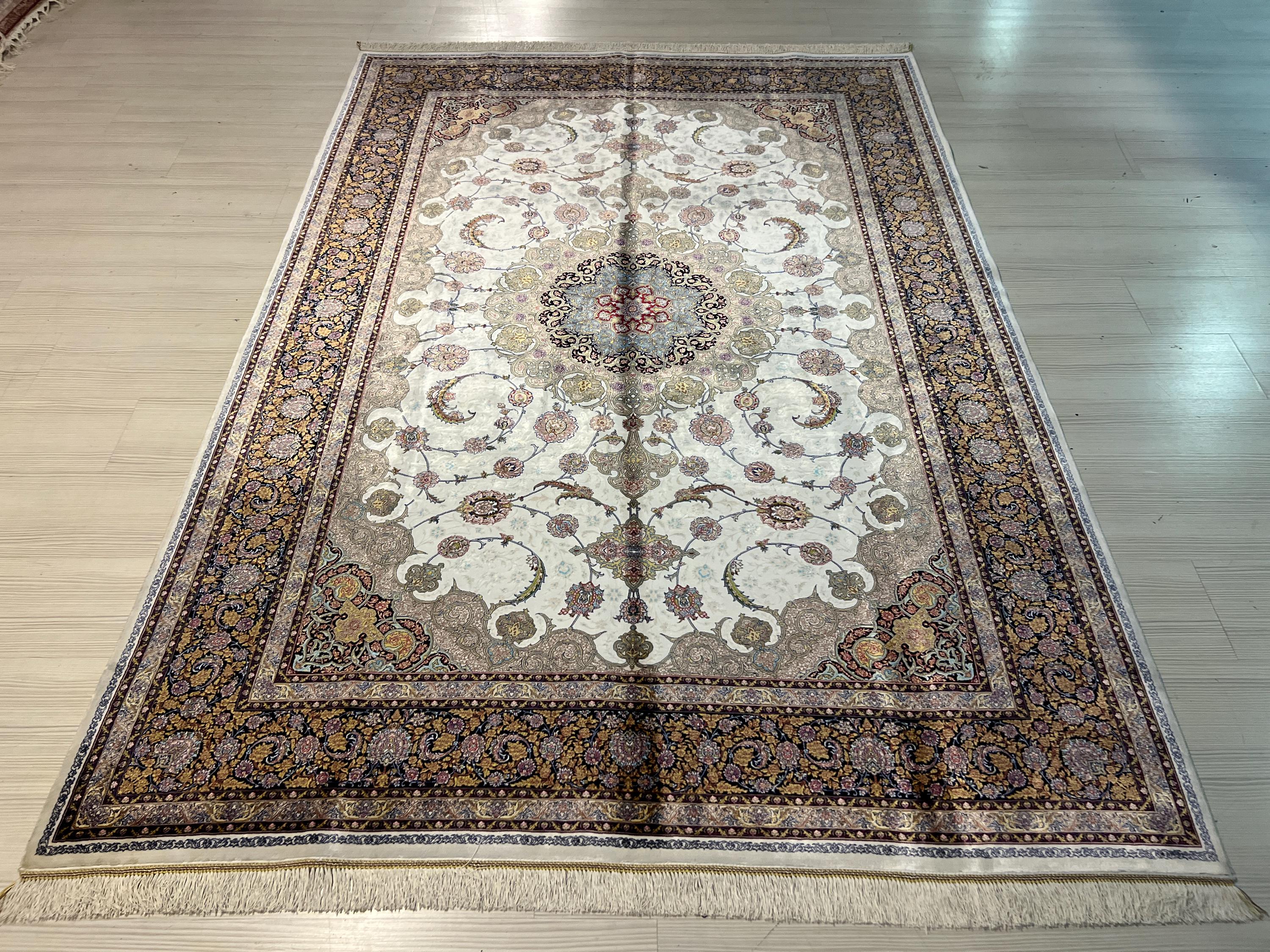 5x8 ft Ivory Silk Area Rug, Floral Medallion Design, Luxury Turkish Living Room Decor