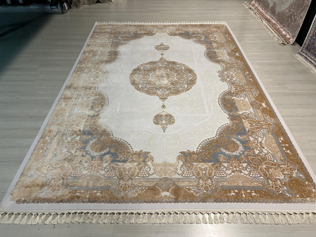 7x10 Beige Gold Medallion Modal Silk Rug, Classic Oriental Area Rug for Living Room