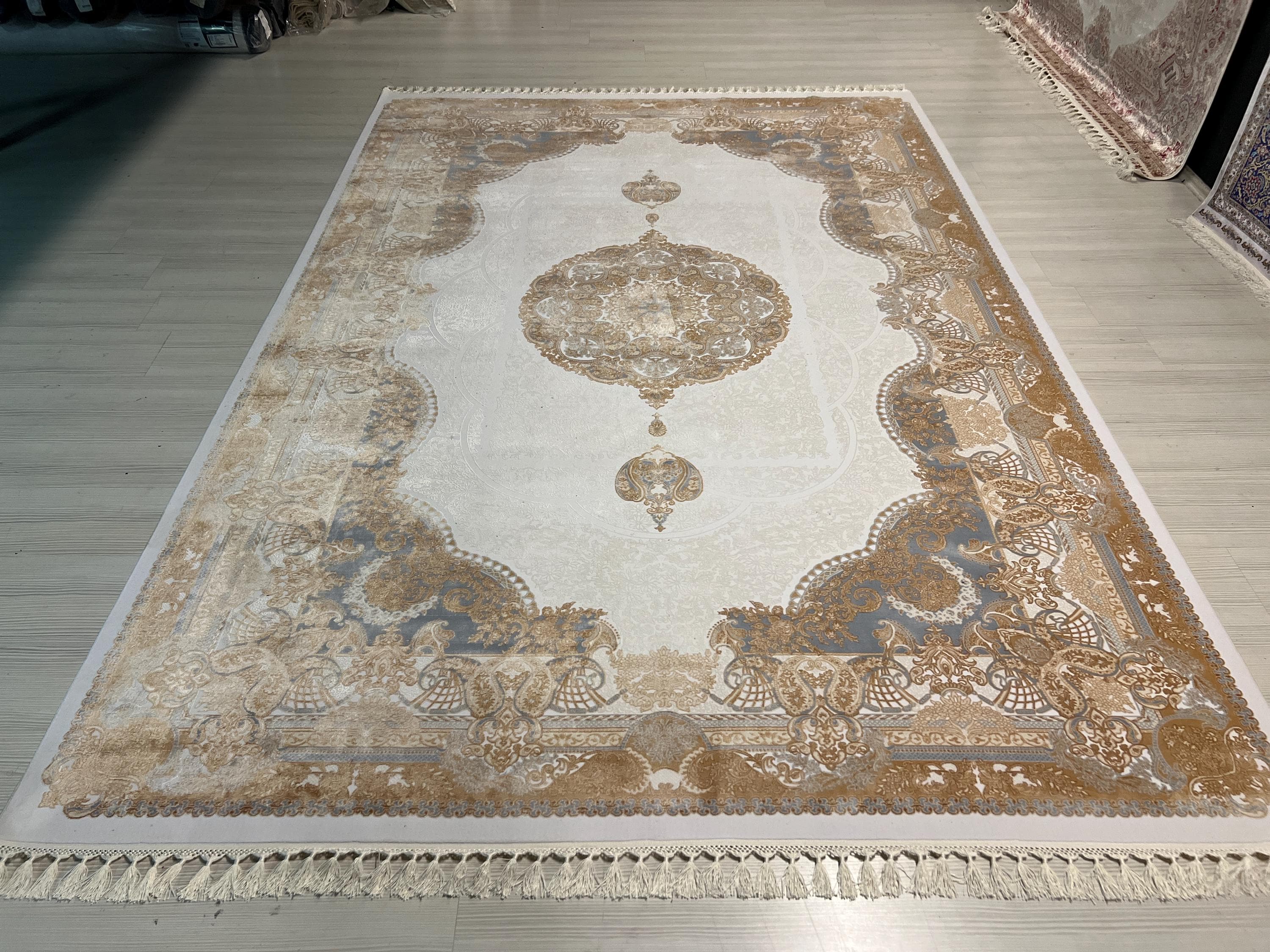7x10 Beige Gold Medallion Modal Silk Rug, Classic Oriental Area Rug for Living Room