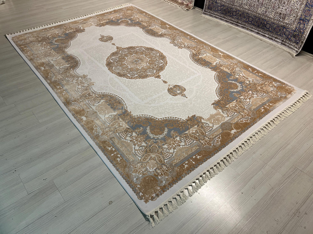 7x10 Beige Gold Medallion Modal Silk Rug, Classic Oriental Area Rug for Living Room