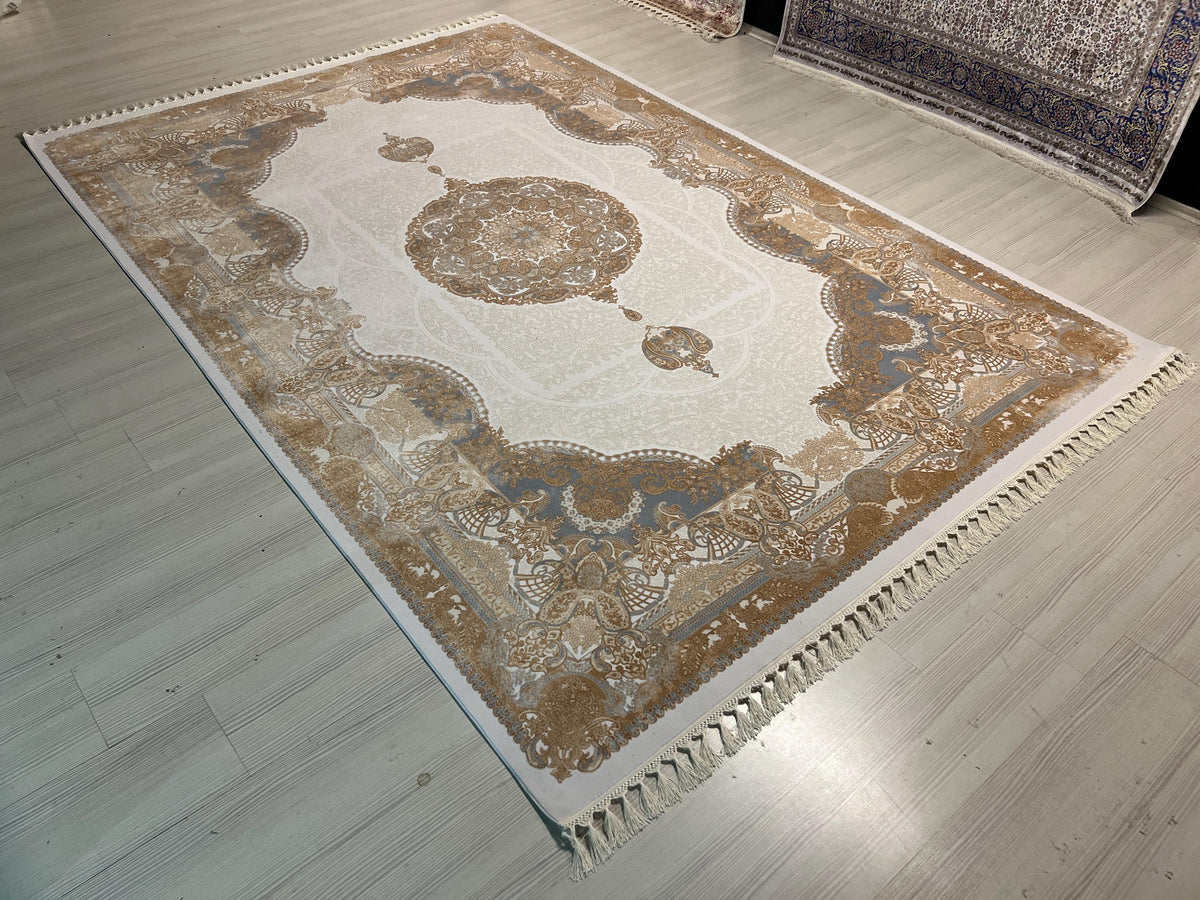 7x10 Beige Gold Medallion Modal Silk Rug, Classic Oriental Area Rug for Living Room