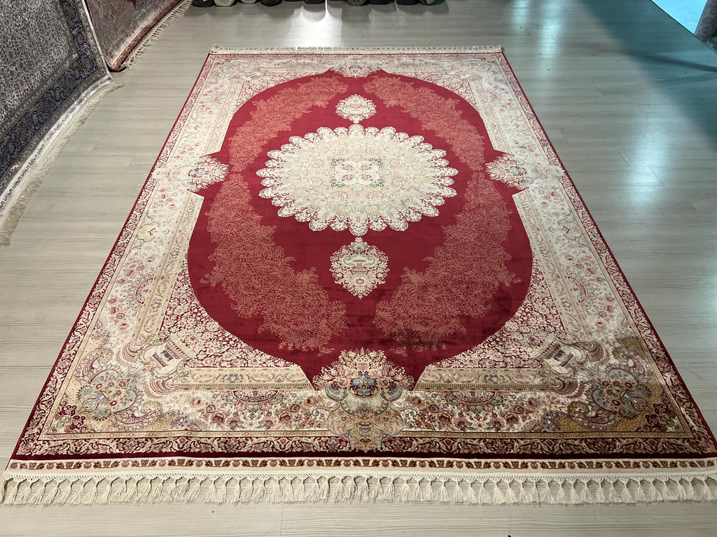 10x13 ft Turkish Modal Silk Rug , Burgundy Medallion Classic Luxury Area Rug