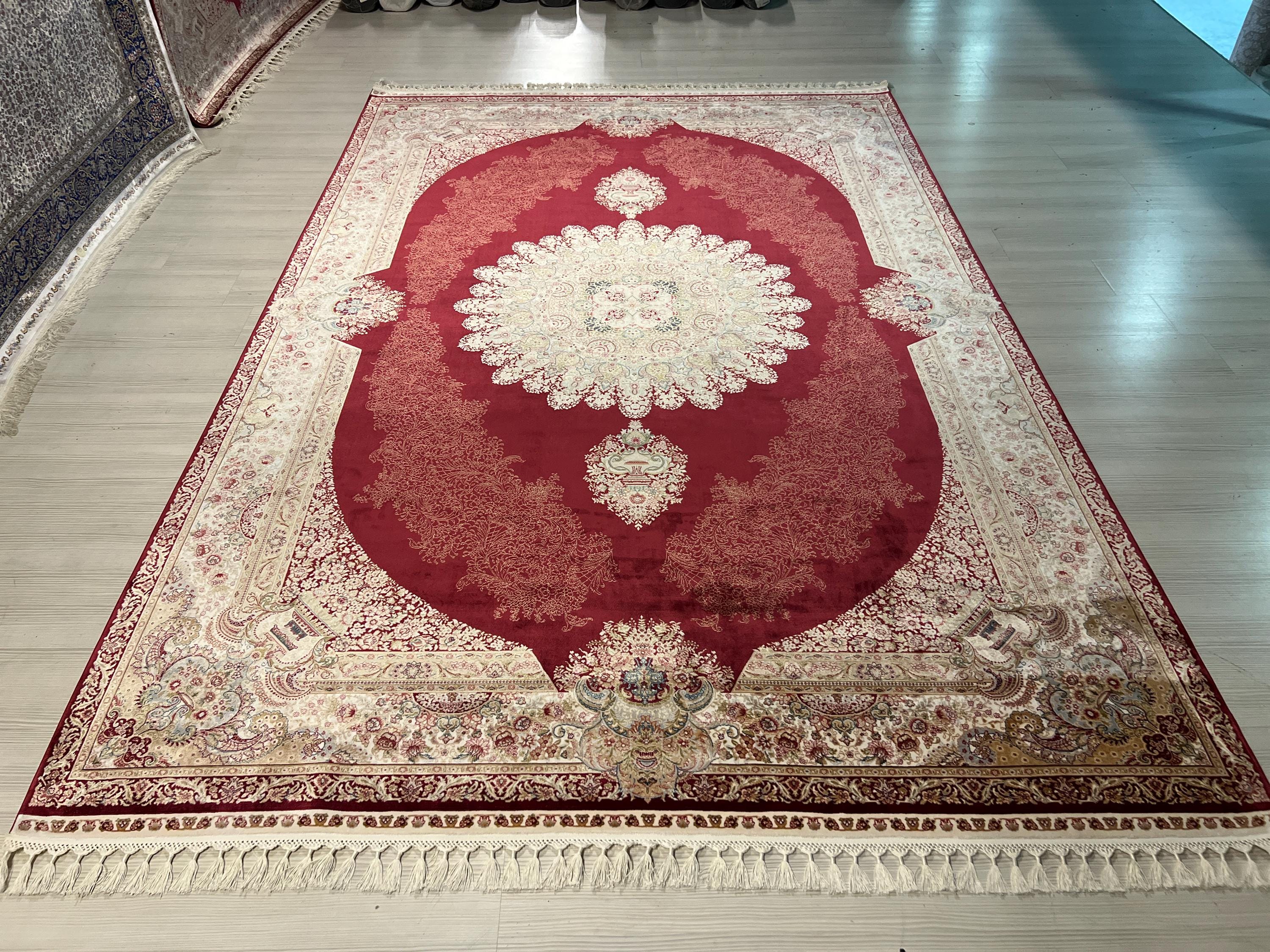 10x13 ft Turkish Modal Silk Rug , Burgundy Medallion Classic Luxury Area Rug