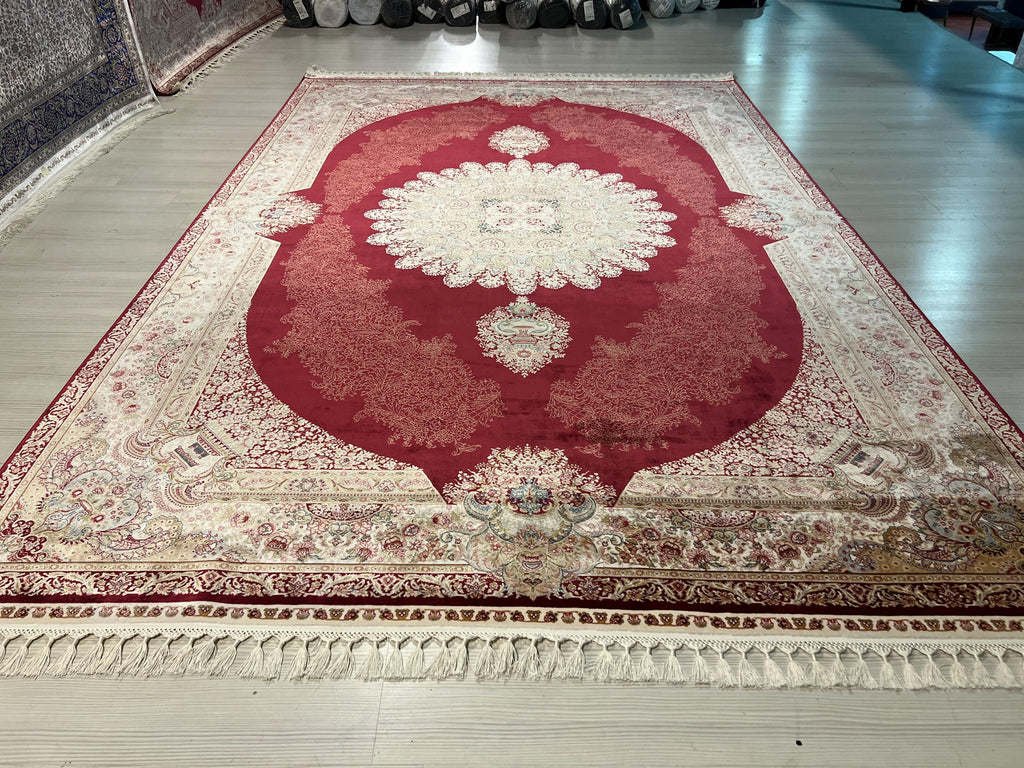 7x10 Red Medallion Modal Silk Rug, Classic Oriental Area Rug for Living Room