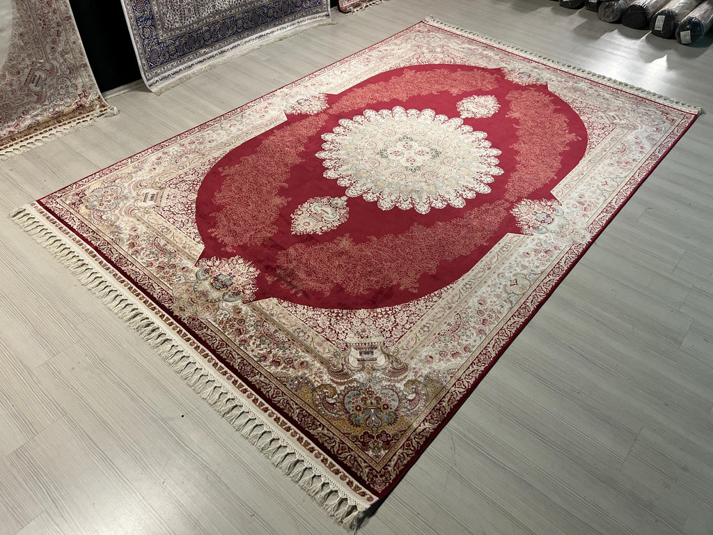 10x13 ft Turkish Modal Silk Rug , Burgundy Medallion Classic Luxury Area Rug