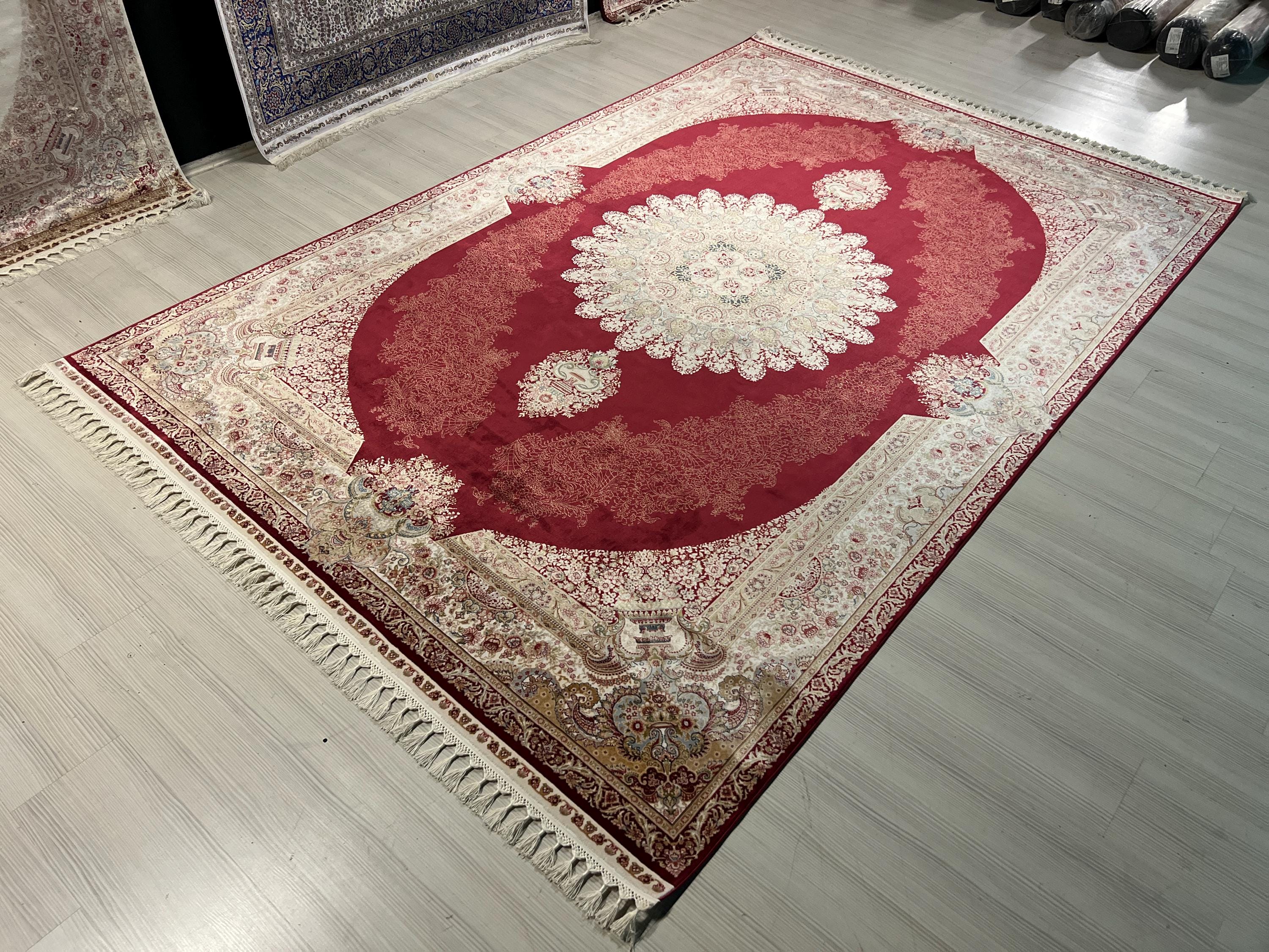10x13 ft Turkish Modal Silk Rug , Burgundy Medallion Classic Luxury Area Rug
