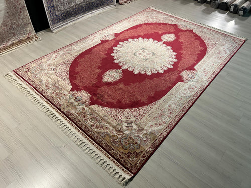10x13 ft Turkish Modal Silk Rug , Burgundy Medallion Classic Luxury Area Rug