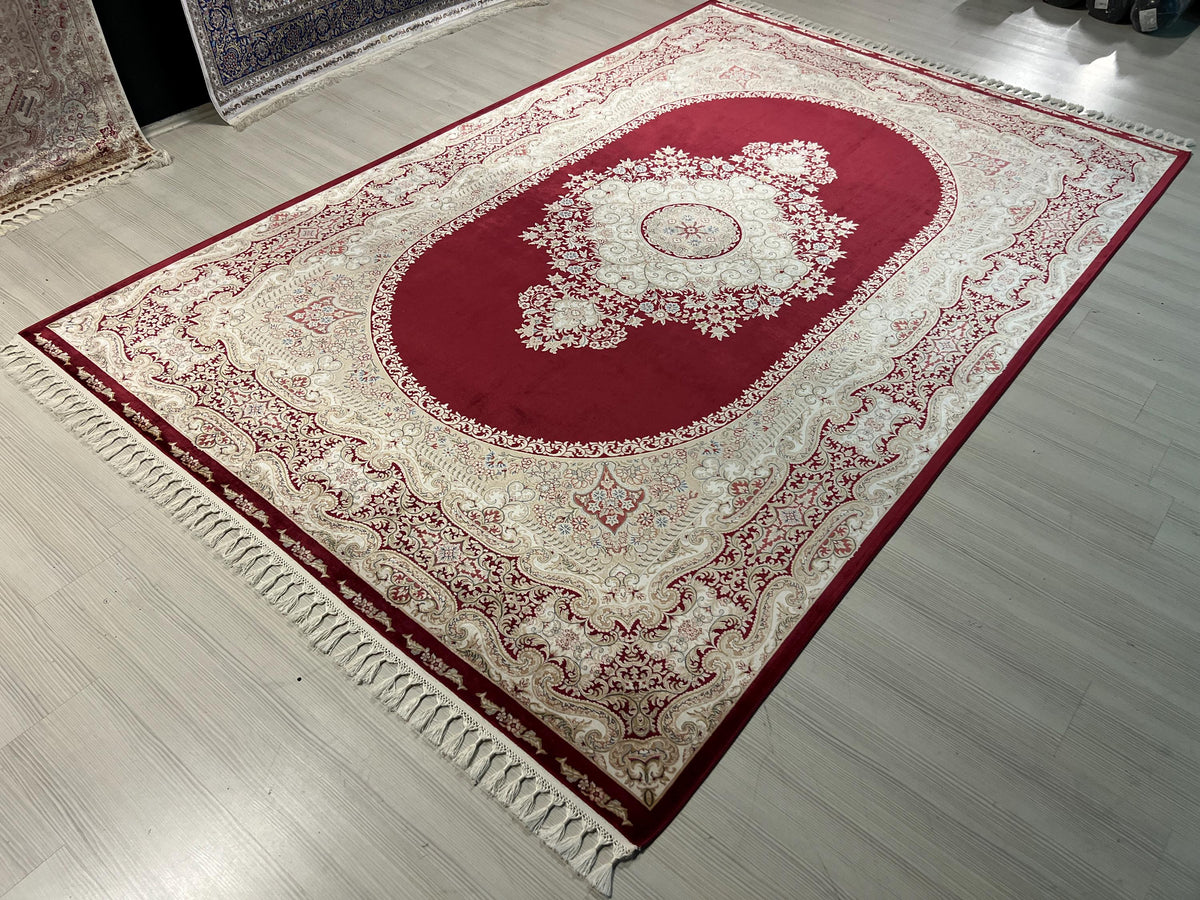 7x10 ft Gold Red Silk Rug, Medallion Turkish Style Modern Home Decor
