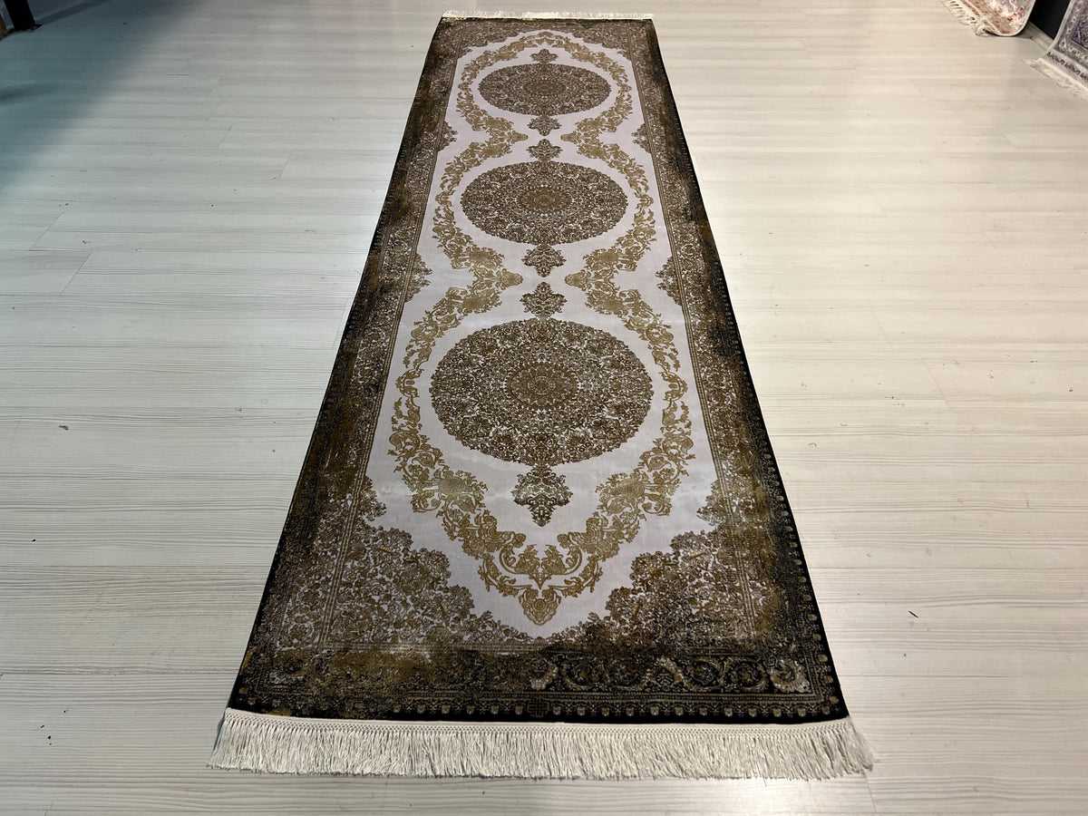 3x10 ft Gold Medallion Runner Rug, Turkish Style Hallway Carpet