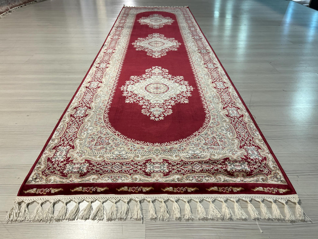 3x10 ft Red Bamboo Silk Runner Rug, Medallion Floral Pattern, Turkish Hallway Decor