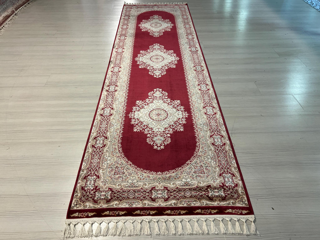 3x10 ft Red Bamboo Silk Runner Rug, Medallion Floral Pattern, Turkish Hallway Decor