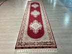 3x10 ft Red Bamboo Silk Runner Rug, Medallion Floral Pattern, Turkish Hallway Decor