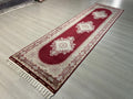 3x10 ft Red Bamboo Silk Runner Rug, Medallion Floral Pattern, Turkish Hallway Decor