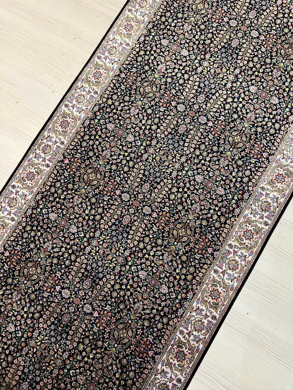 3x10 ft Floral Runner Rug, Black Garden Field, Ivory Border, Turkish Hallway Decor