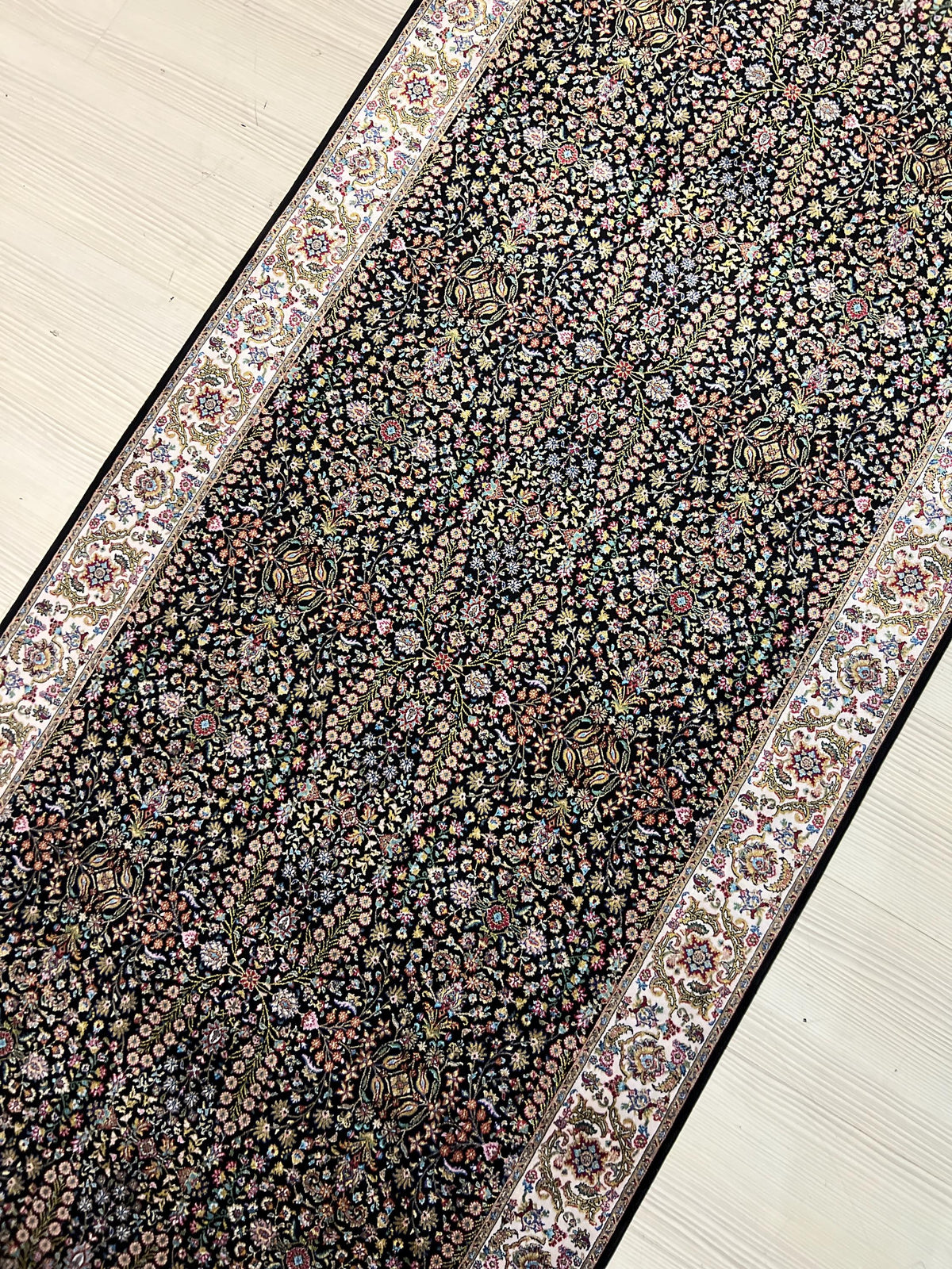 3x10 ft Floral Runner Rug, Black Garden Field, Ivory Border, Turkish Hallway Decor